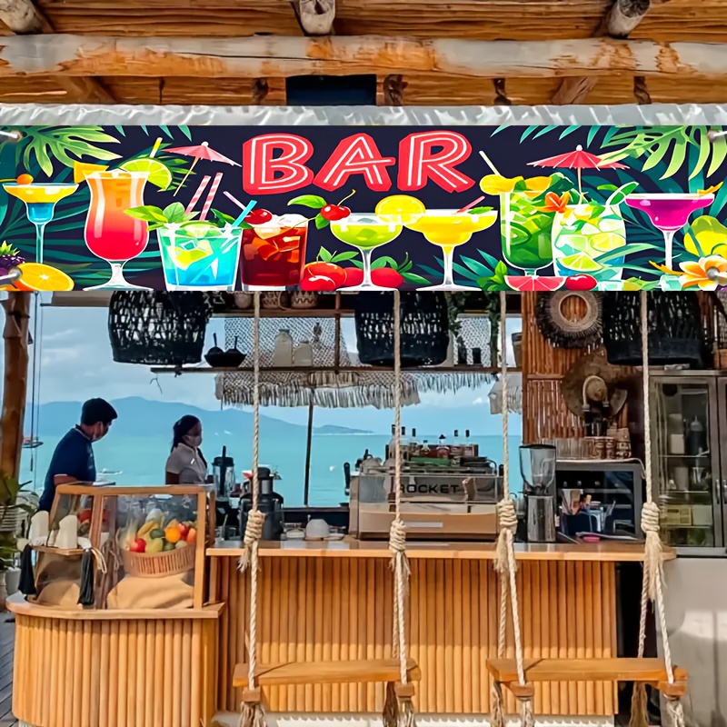 Summer Clothing Banner - Hawaiianisches Meer-Bar-Party-Banner, tropisches Strand-Thema, Palmblätter und