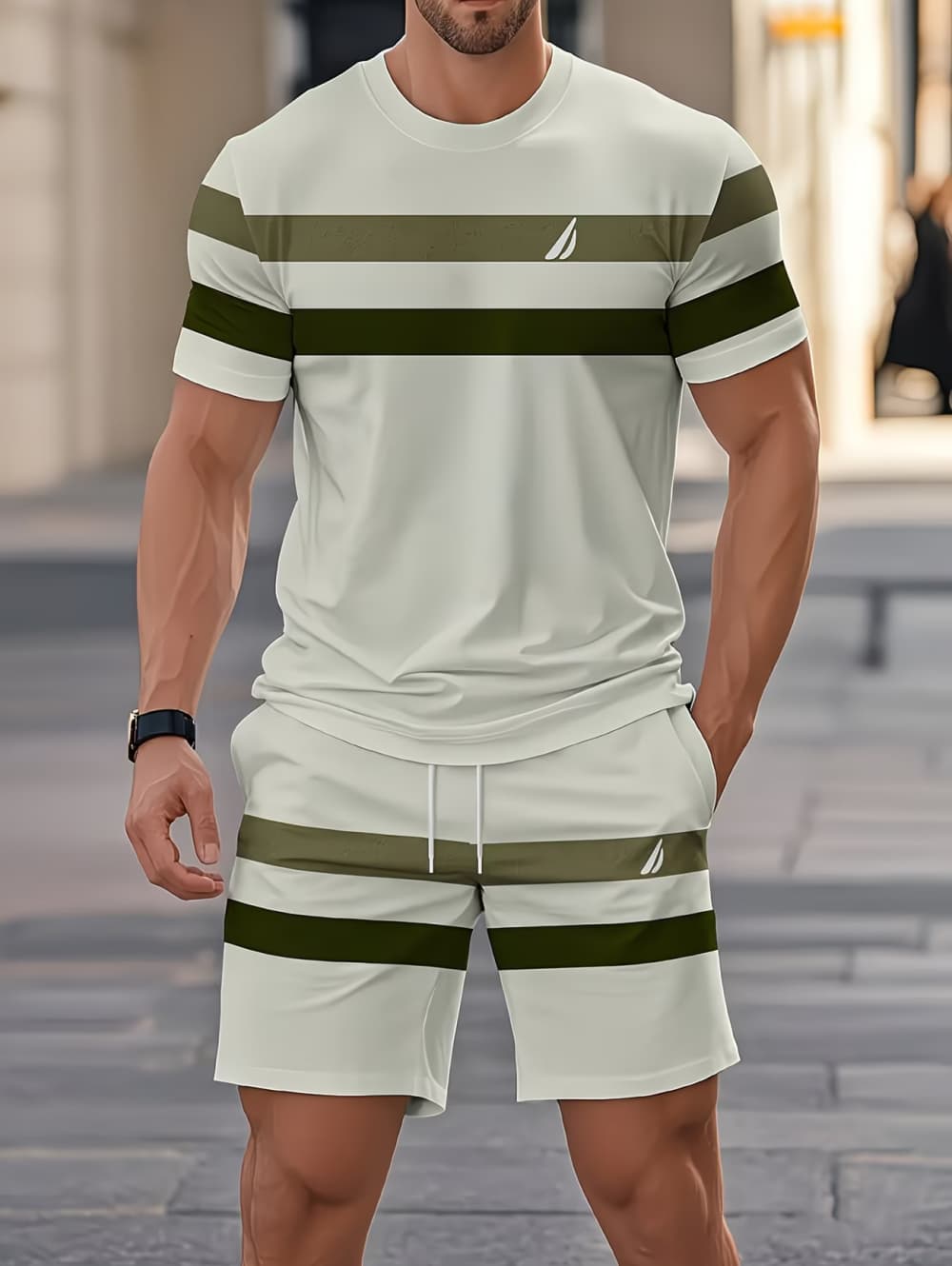 Summer Youth Clothing - Herren-Sommer-Sets, lustiges 3D-Streifen-Print-Kurzarm-T-Shirt + Shorts, 2-teiliges